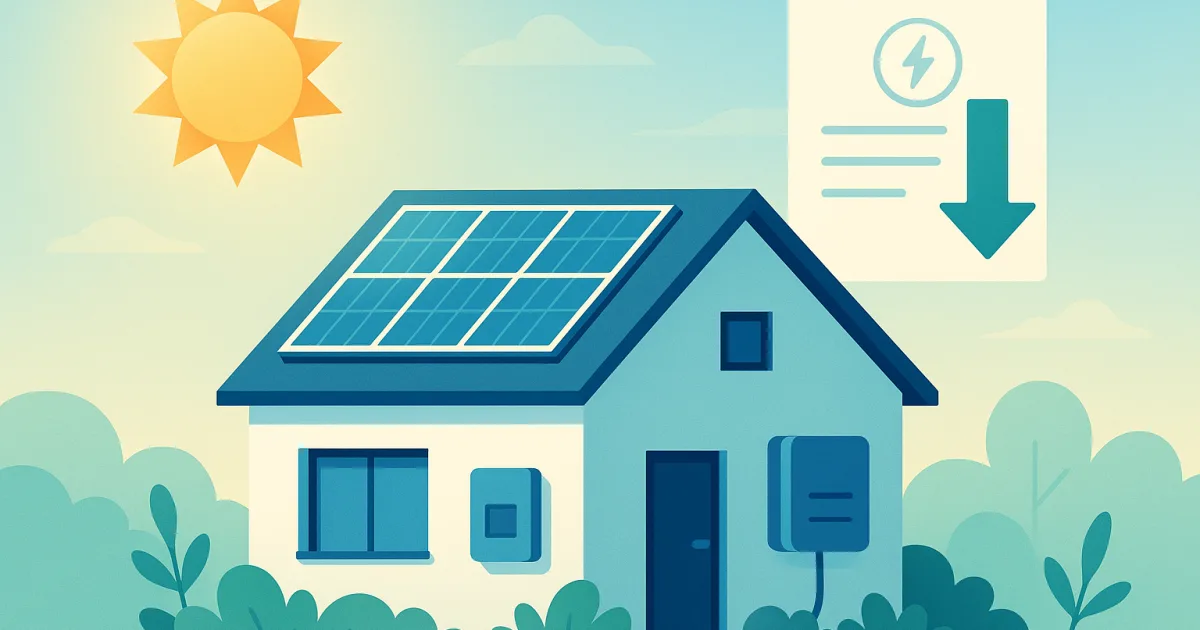 Illustrazione di una casa con pannelli solari e batteria: autoconsumo e risparmio in bolletta.