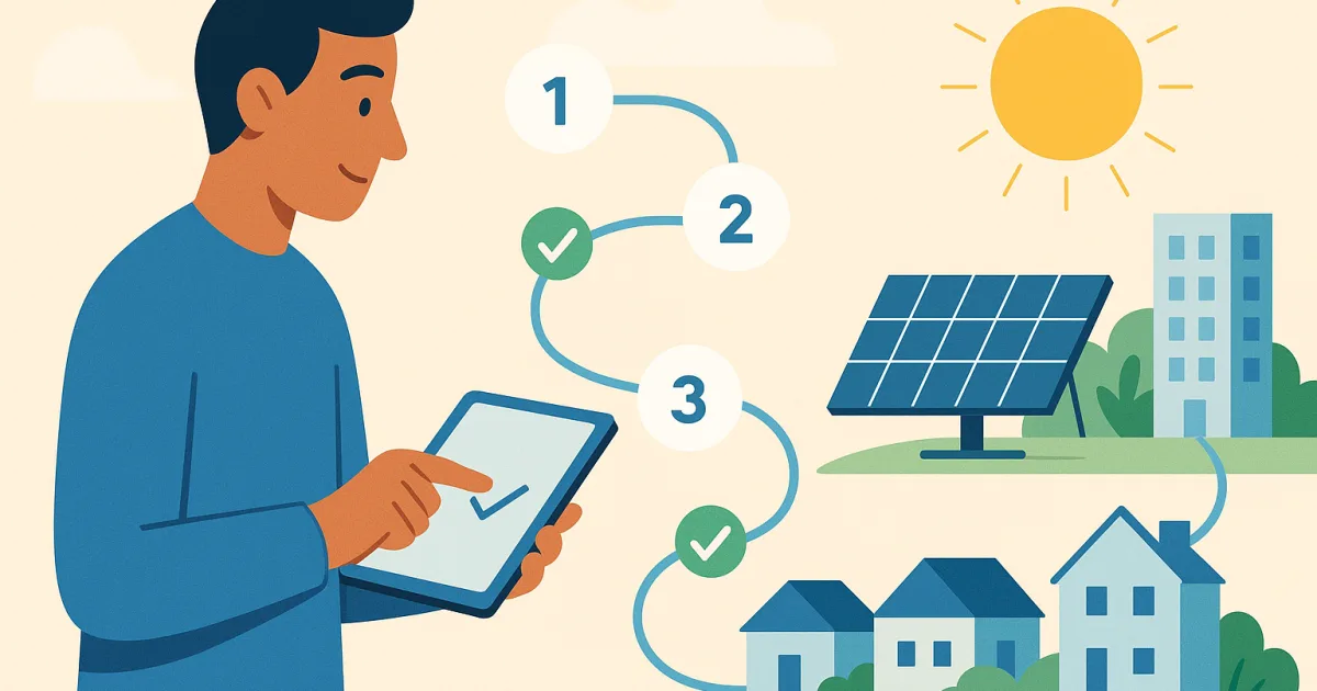 Illustrazione dei passi per aderire a una comunità energetica con edifici collegati a un impianto solare.