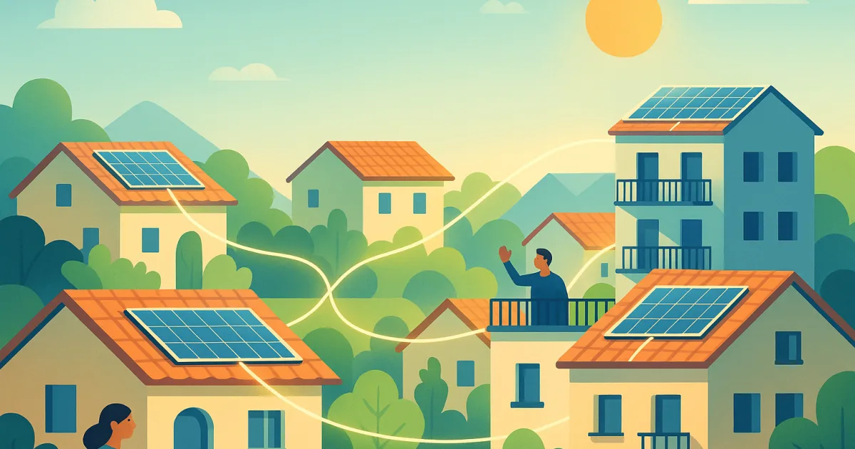 Illustrazione di un quartiere che condivide energia solare in una comunità energetica rinnovabile.