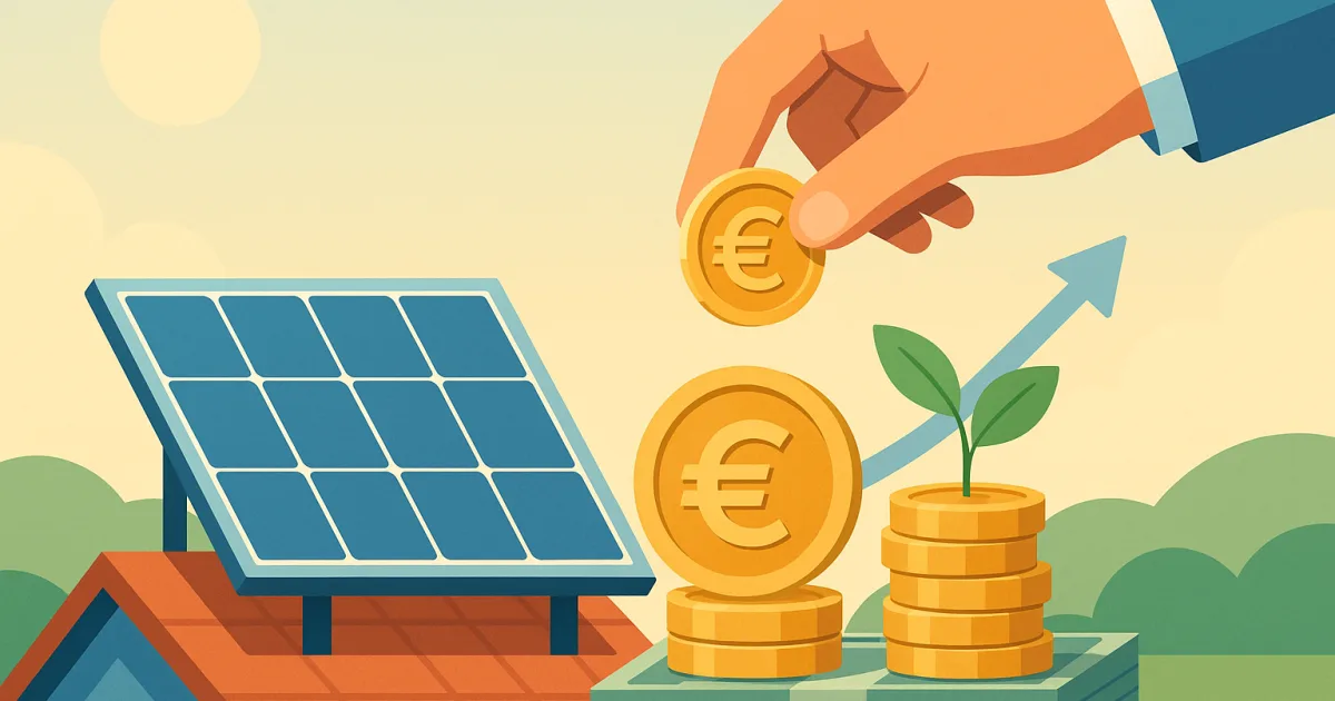 Illustrazione di pannelli solari e monete euro: incentivi e fondo perduto per il fotovoltaico nel 2026.