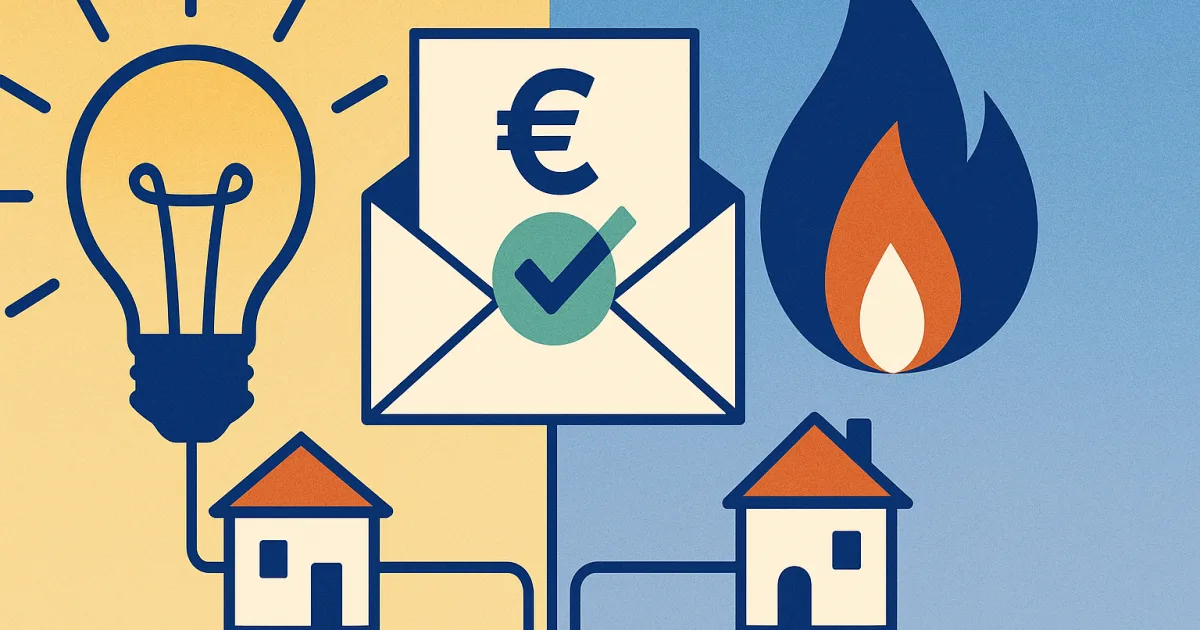 Illustrazione editoriale: lampadina e fiamma del gas unite da una busta con simbolo euro e check verde, due case sotto, concetto di offerta dual luce e gas.