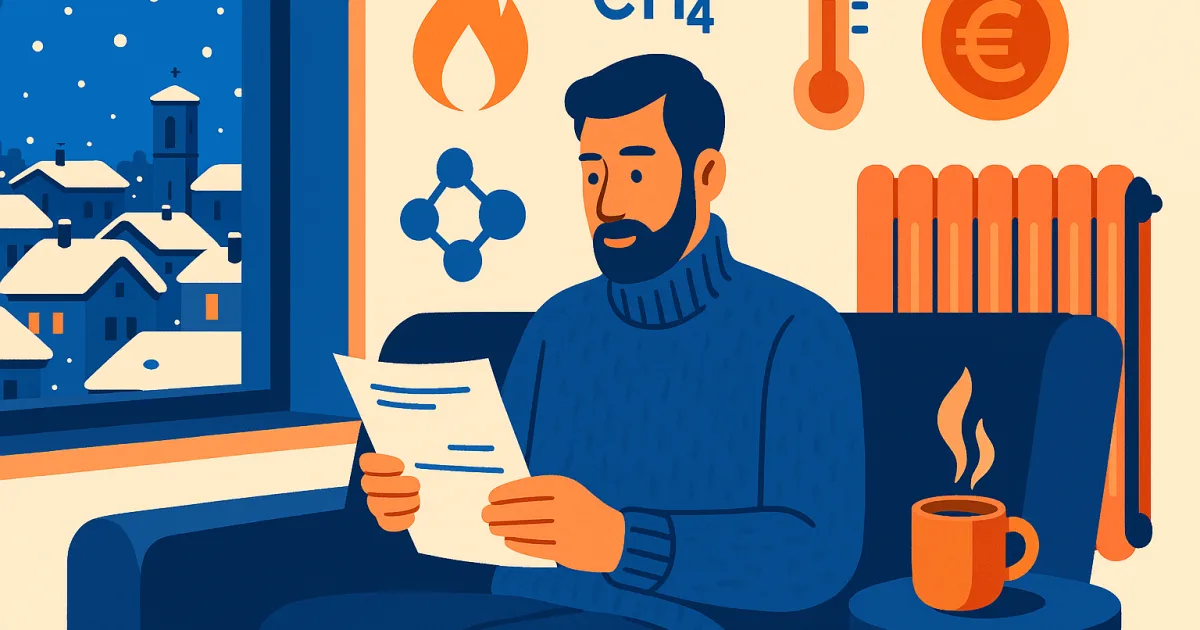 Illustrazione editoriale: uomo legge la bolletta gas su un divano accanto a un termosifone, scena invernale con icone di fiamma, molecola metano e euro.