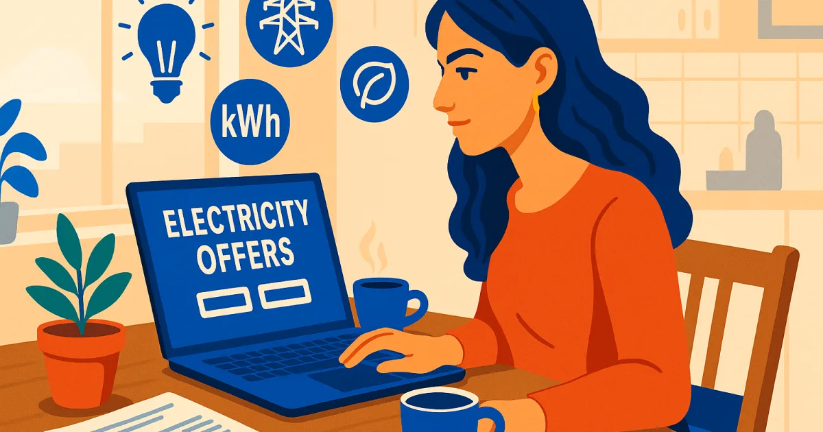Illustrazione editoriale: donna che confronta offerte luce sul laptop in una cucina moderna italiana, con icone di lampadina, kWh e foglia verde.